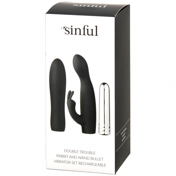 Sinful Double Trouble Uppladdningsbart Rabbit och Wand Bulletvibrator Set bild på förpackningen 90