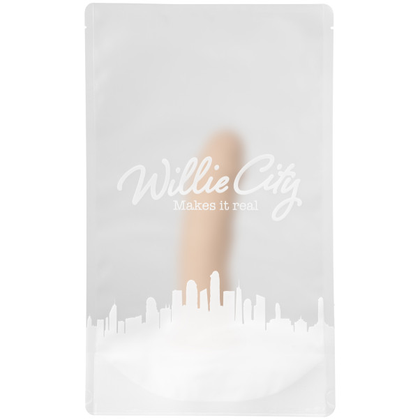 Willie City Realistisk Silexpan® Dildo med Sugpropp 15,4 cm Produktförpackning 90