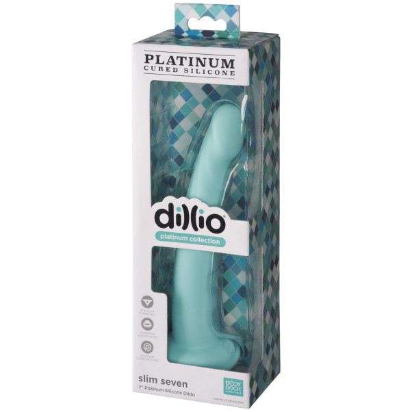 Dillio Platinum Slim Seven Teal Dildo med Sugkopp 21 cm Produktförpackning 90