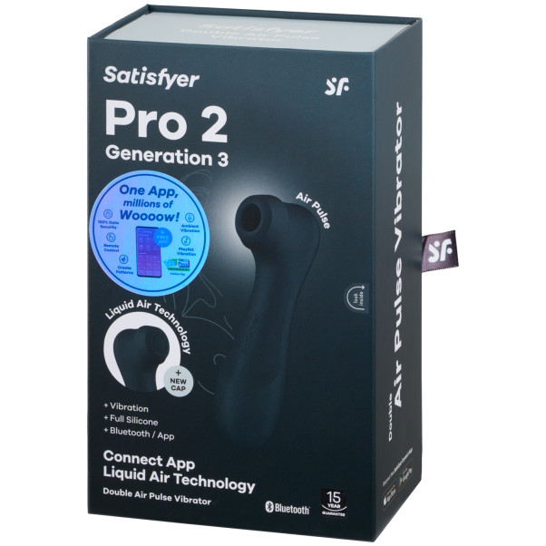 Satisfyer Pro 2 Generation 3 Svart Liquid Air Appkontrollerad Lufttrycksvibrator Produktförpackning 90