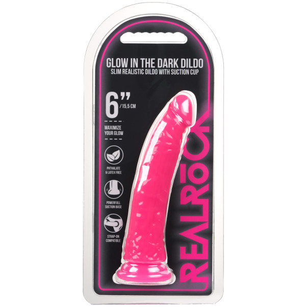Realrock Glow in the Dark Slim Dildo med Sugpropp 16 cm Produktförpackning 90