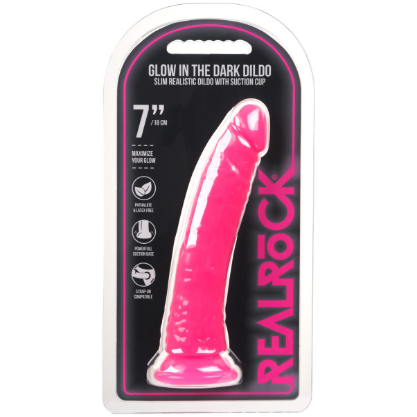 Realrock Glow in the Dark Slim Dildo med Sugpropp 18 cm Produktförpackning 90