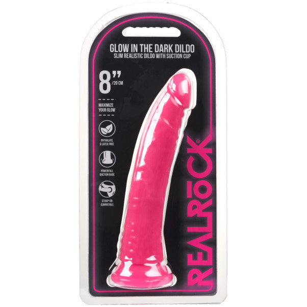 Realrock Glow in the Dark Slim Dildo med Sugpropp 20 cm Produktförpackning 90