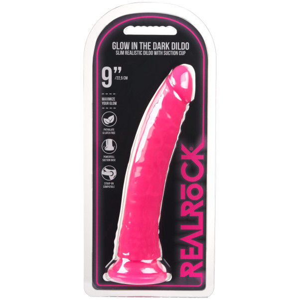Realrock Glow in the Dark Slim Dildo med Sugpropp 23 cm Produktförpackning 90