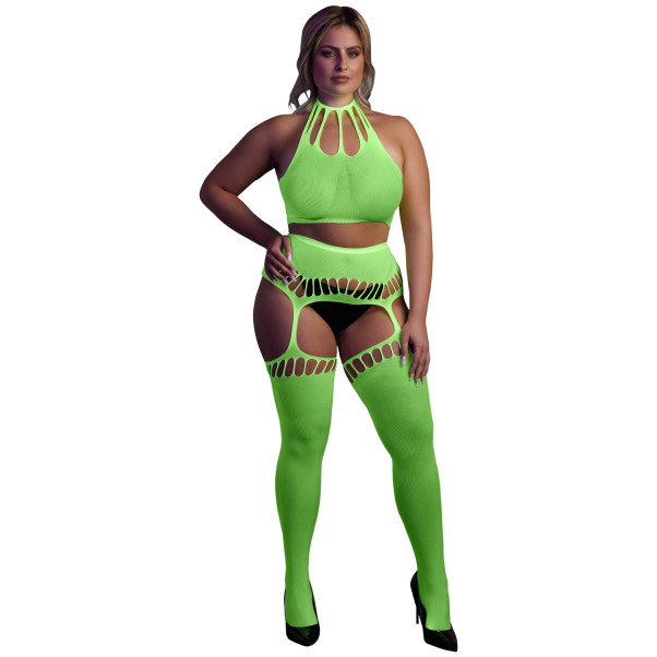 Ouch! Glow in The Dark Neongrön Crop Topp och Strumpor Plus-Size Produktbild 1
