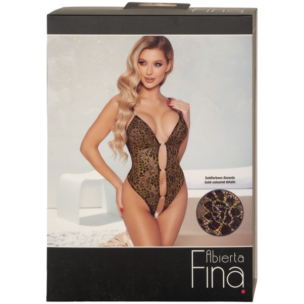 Abierta Fina Svart och Guld Spetsbody Produktförpackning 90